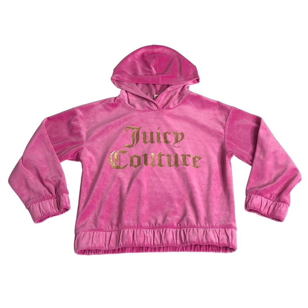 Juicy Couture Kids Velour Hoodie Girls S 7 Pink Gold Logo Pullover Y2K Preppy